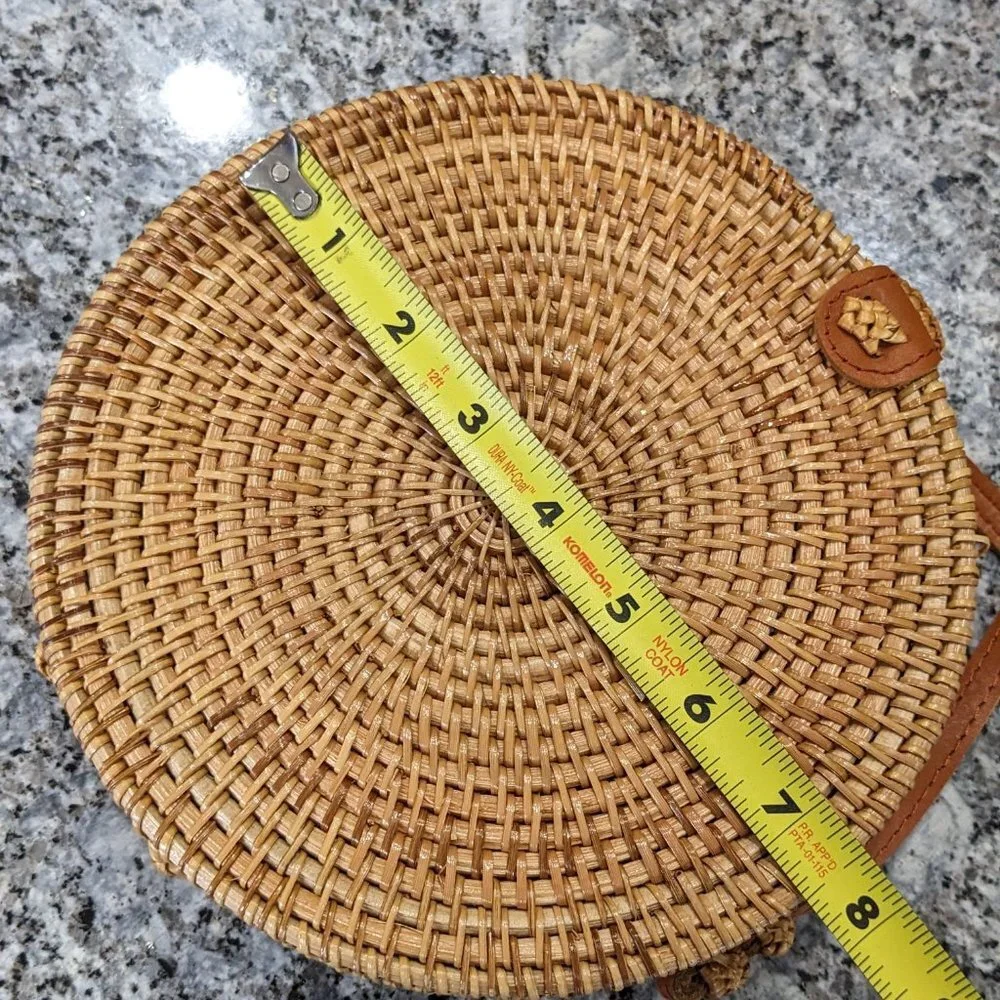 Small Woven Rattan Circle basket bag, Black and White Floral interior, pockets